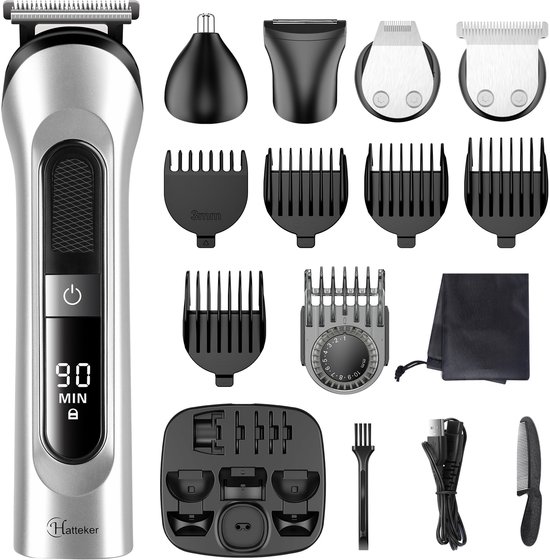 Hatteker 5-in-1 Tondeuse en Trimmer Set voor Heren – Haarknipper, Baardtrimmer, Scheerapparaat, Neus- en Oortrimmer – Draadloos en Waterdicht