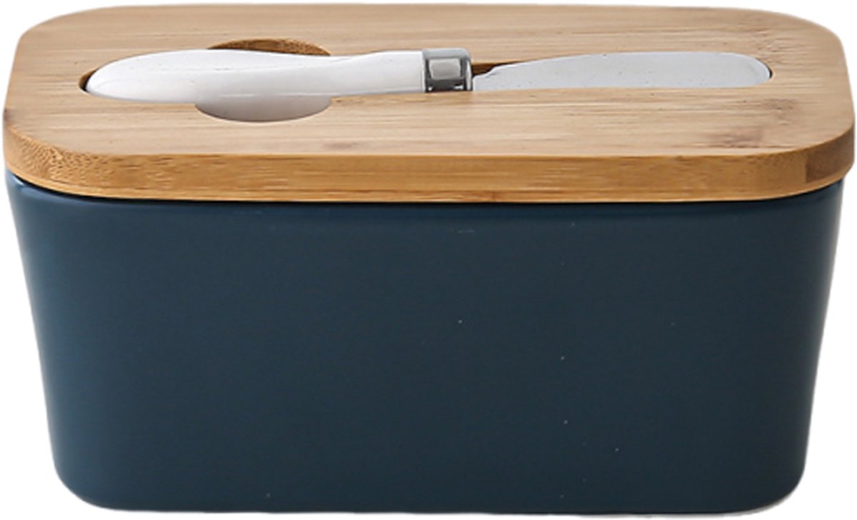 QTTVBTNA -Boterdoos met Houten Deksel – Luxe Porseleinen Boterhouder met Luchtdichte Afsluiting en Roestvrijstalen Mes – Multifunctionele Boterbox voor Keuken, Ontbijttafel of Restaurant