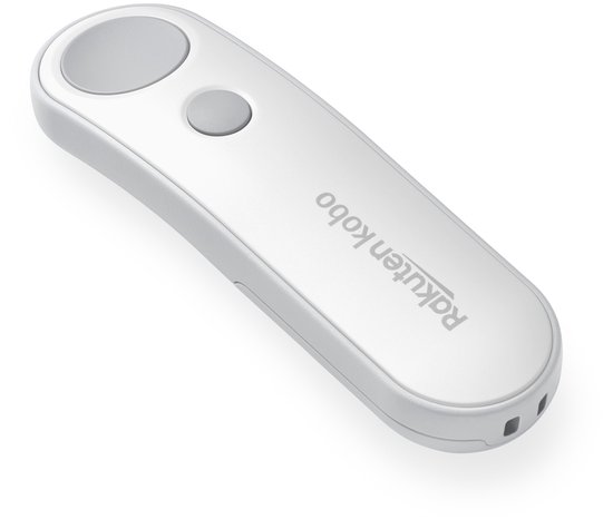Witte Kobo afstandsbediening met twee knoppen, 'Rakuten Kobo' logo.