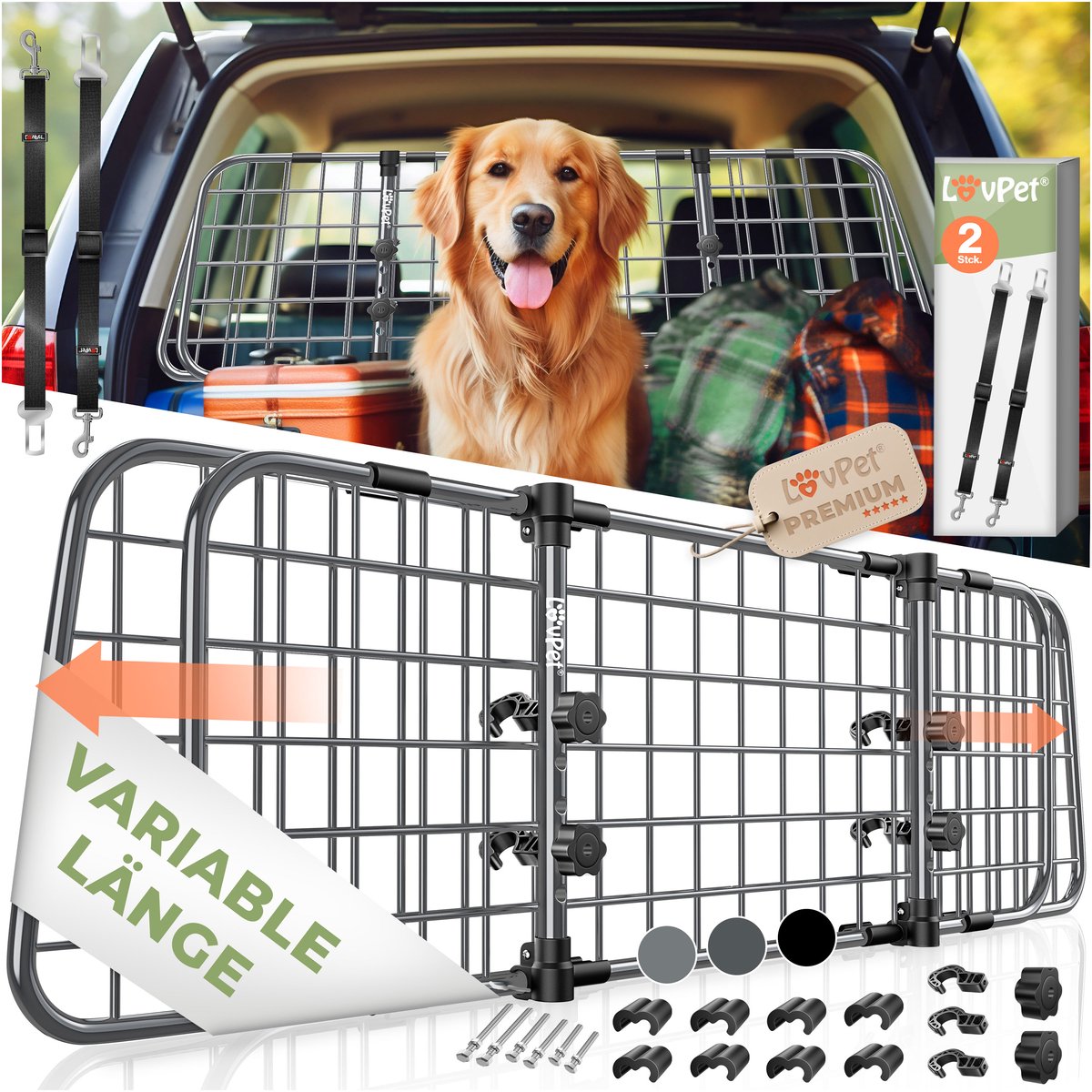 LovPet® Hondenrek Auto, Universele Auto Afscheiding, Verstelbare Breedte, Hoofdsteun Bagagerek Kofferbak Bescherming Afmetingen HxB 30 x 91-153 cm , + 2x Veiligheidsriem voor Honden - Antraciet
