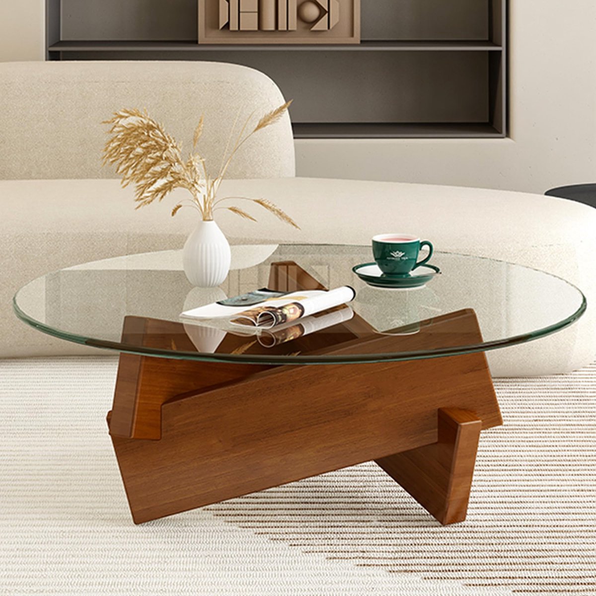 Azomor® Moderne ronde salontafel met glazen blad en houten poten voor woonkamer