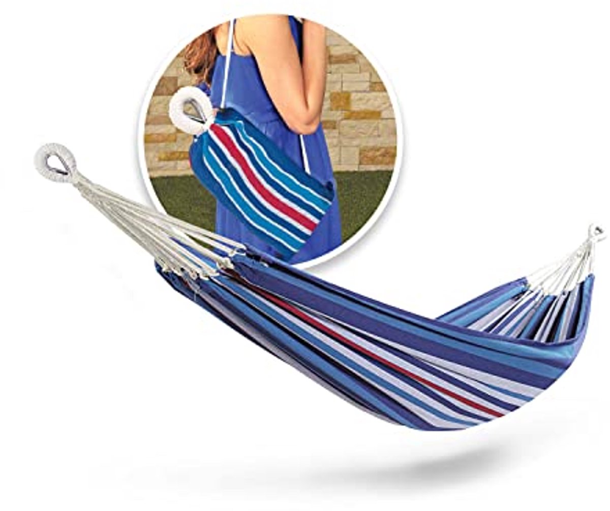 Image of 40 Inch Wide Hammock in a Bag - Handwoven Rope Loops, Durable Cotton-Polyester Blend, 220 lbs Capacity - Perfect for Outdoor and Indoor Use