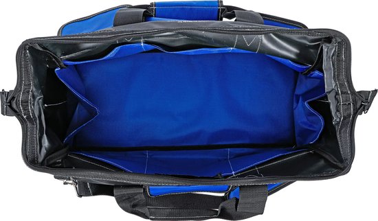 Open blauwe en zwarte gereedschapstas met vele vakken aan de binnenkant.