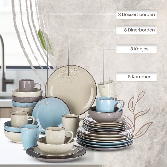 Service de table de Luxe LBB – 32 pièces – 8 personnes – Porcelaine – Service d'assiettes – Assiettes plates – Assiettes à dessert – Bols – Mugs – Bols – Multicolore