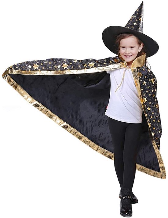 Capa De Bruja O Mago Para Niños Con Sombrero – Disfraz De Halloween, 100% Poliéster, Larga (80 Cm), Para Fiestas Y Cosplay (Negro)