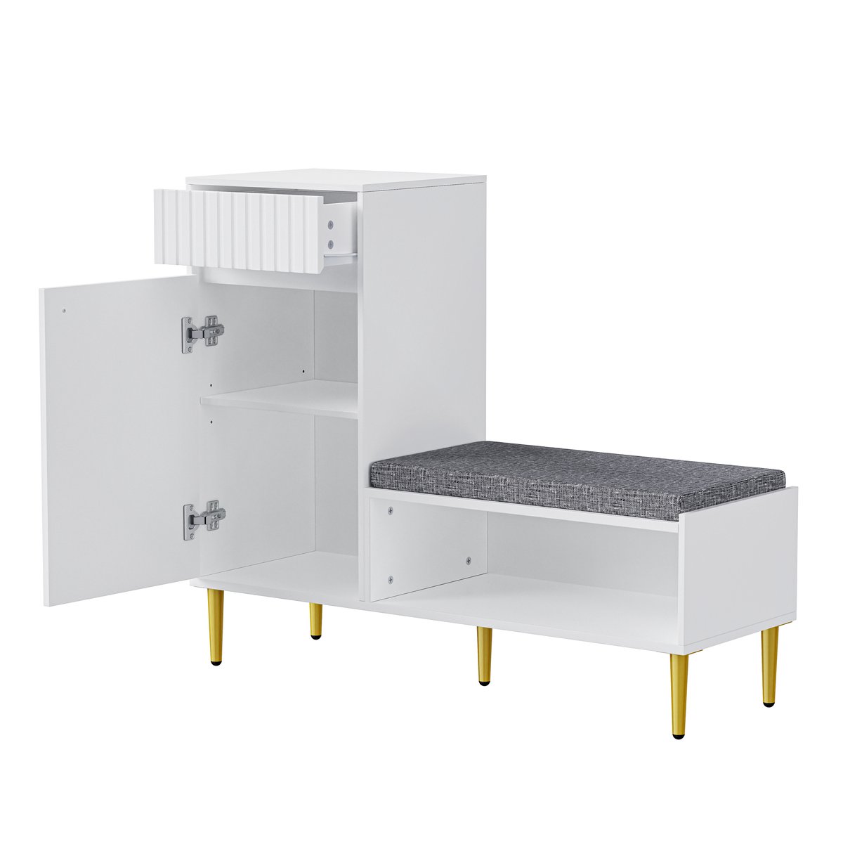 Merax Witte Schoenenkast met Zitbank - Moderne Kast met Lade Deur en Open Vakken - Goudkleurige Poten en Handgreep - 100 x 35 x 82.2 cm - Inclusief Antikantel Beveiliging