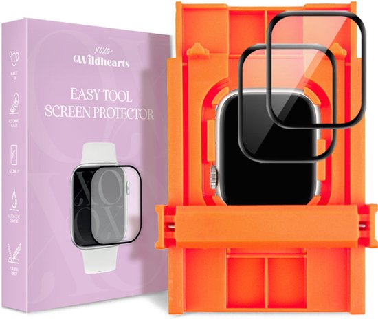 Roze verpakking met "xoxo Wildhearts Easy Tool Screen Protector" en een applicatietool met twee screenprotectors voor een Apple Watch.
