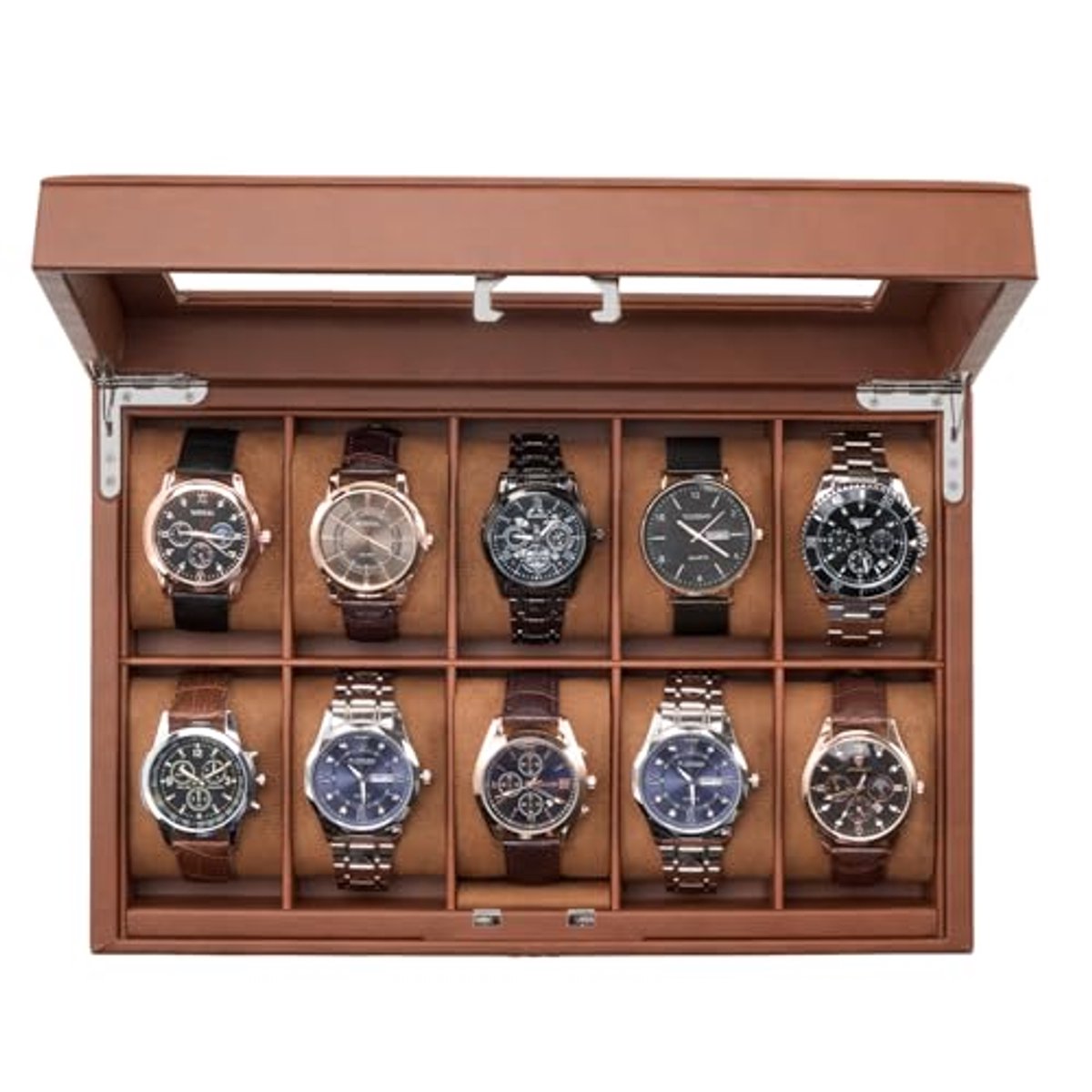 Houten Horloge Doos met 10 Vakken en Combinatieslot - Glazen Deksel