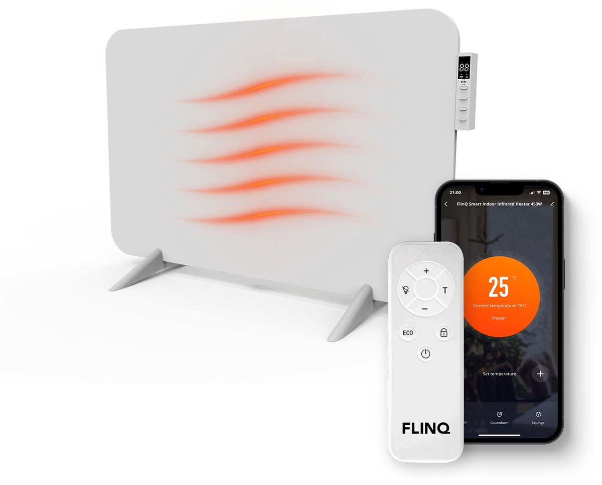 FlinQ Slimme Infrarood Verwarming - Elektrische Verwarmingspaneel - Moderne Kachel - Geschikt voor Badkamer - Staand & Verplaatsbaar - Met Thermostaat - Wit Paneel - 800W