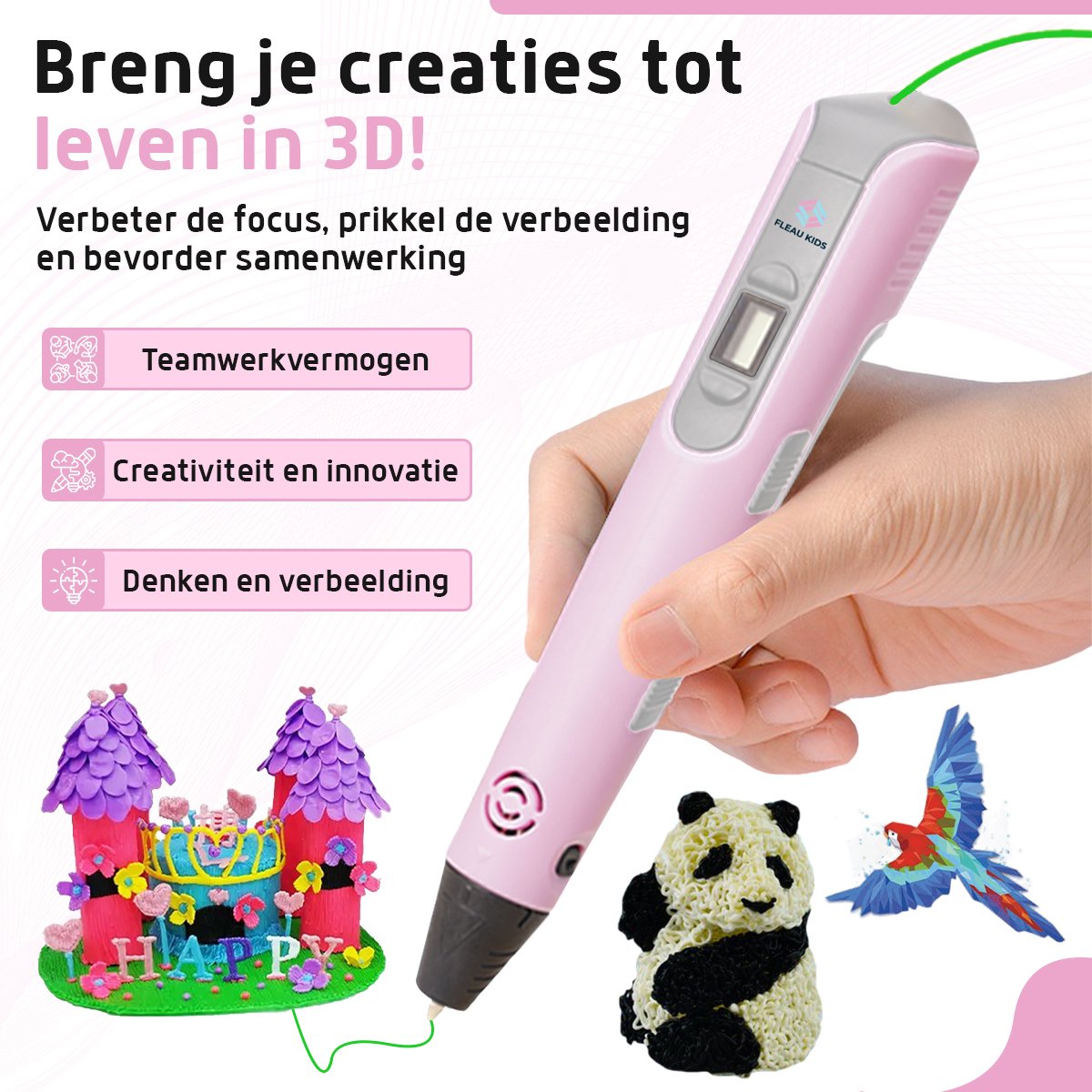Fleau Kids 3D Pen Starterspakket Roze XXL - 150m Filament - 30 Kleuren Vullingen - 2025 USB-C model + Vele Extra's - Knutselen en Tekenen - 3D Printen - Tekenset — afbeelding 10