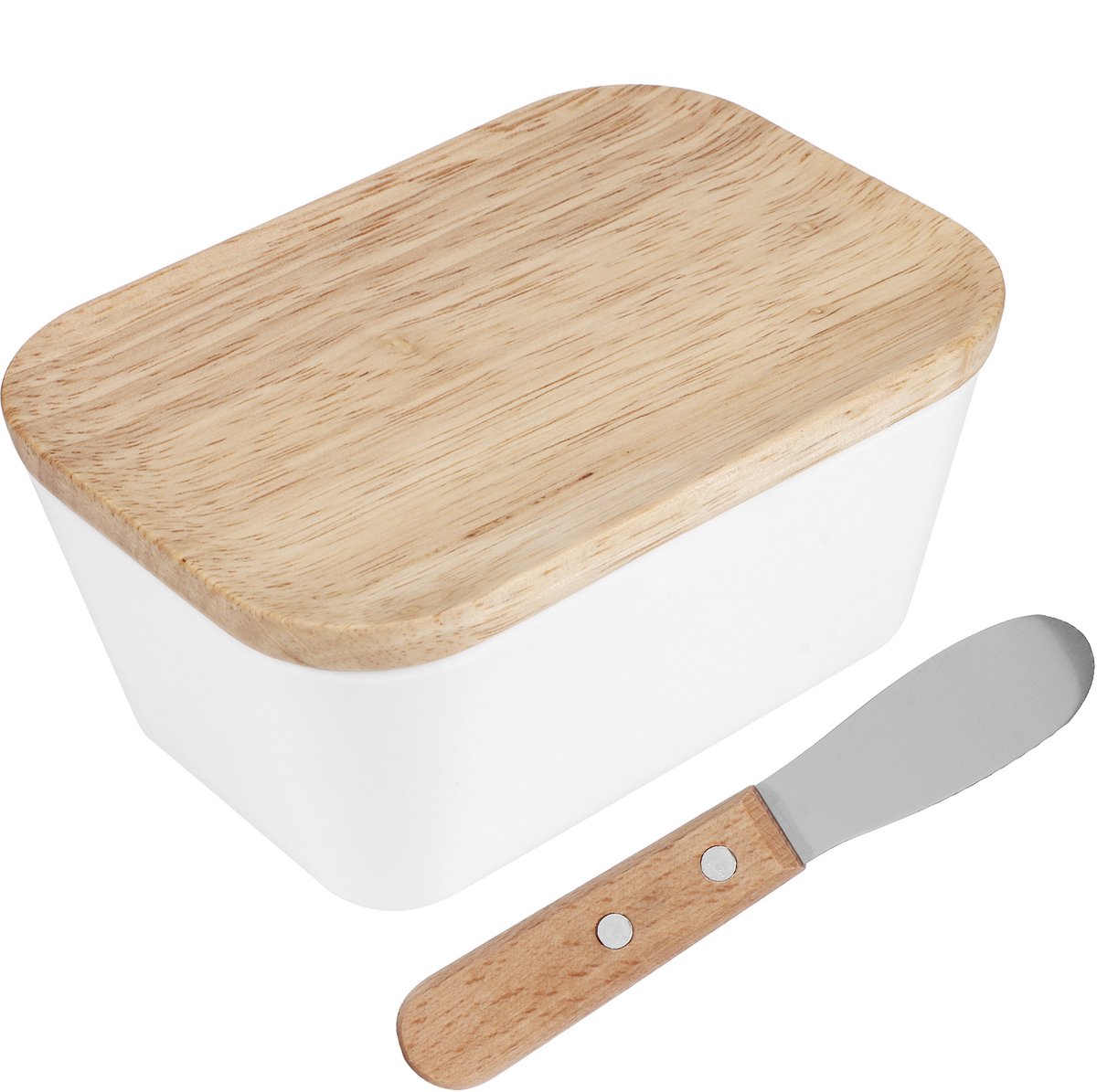 QTTVBTNA -Elegante Boterdoos met Houten Deksel en Mes – Luchtdichte Boterhouder van Beukenhout – Houdt Boter Lang Vers – Stijlvol voor Keuken, Restaurant of Ontbijttafel