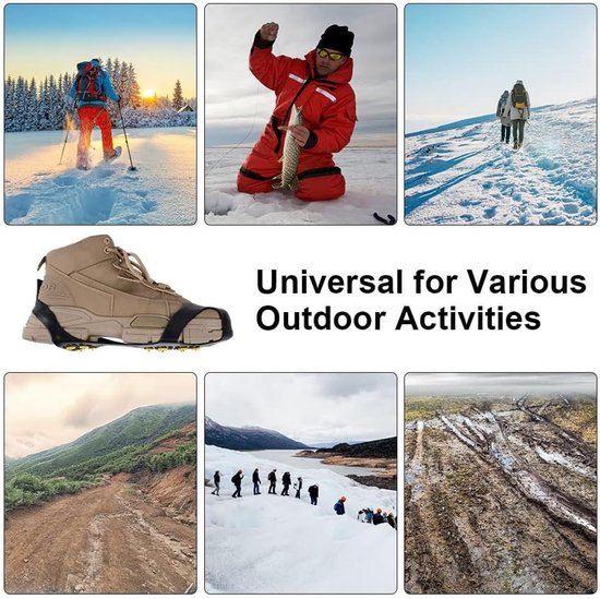 Montage van activiteiten in de sneeuw: wandelen, ijsvissen, trektochten. Schoengrips bevestigd aan wandelschoenen.
