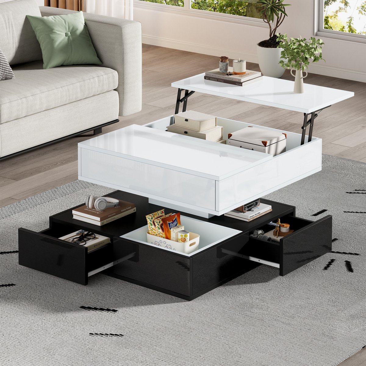 HAUSS SPOLE Salontafels - Koffietafel Met 360° Draaibare En Opklapbare Tafelplaat - 70x70x40 cm - Spaanplaat - Wit