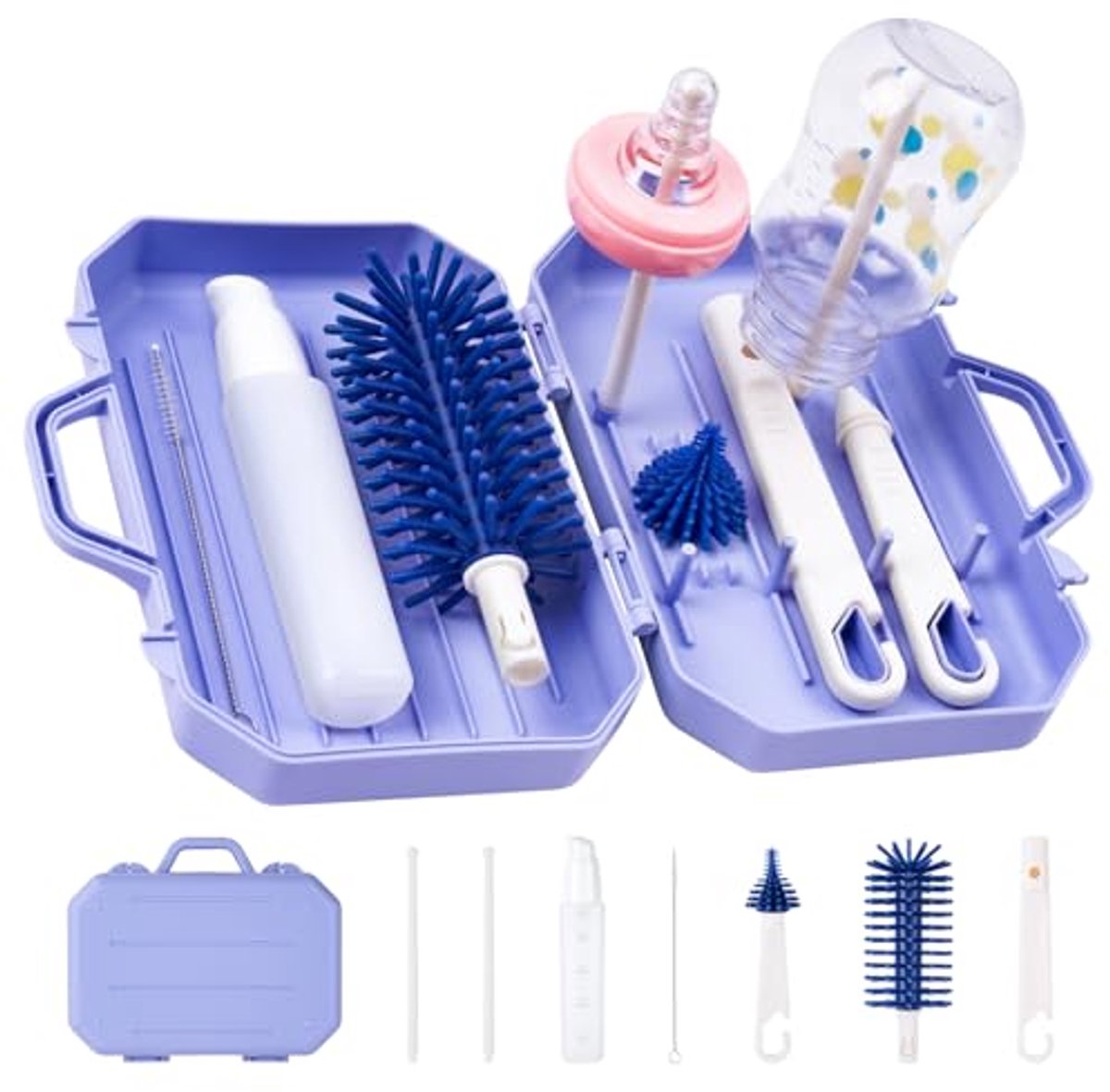 Image of 5-in-1 Reisborstelset voor Babyflessen - Draagbare Silicone Borstel, Rietjesborstel, Fopspeenborstel, Flessendroogrek en Doseerflessen in Paars
