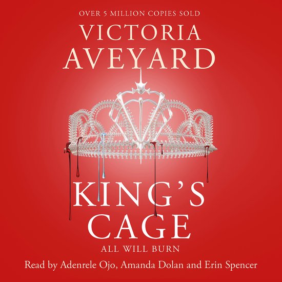 De titel "King's Cage" van Victoria Aveyard op een rode achtergrond, met een bloedende kroon erboven.