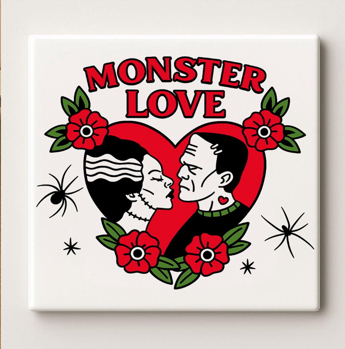 Nevolis Monster Love Keramische Tegel 15x15cm – Retro Horror Koppel Ontwerp, Grappige Romantische Wandtegel Perfect voor Halloween of Uniek Cadeau voor Koppels
