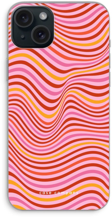 Doorzichtig telefoonhoesje met een print van roze, rode en gele golvende lijnen.