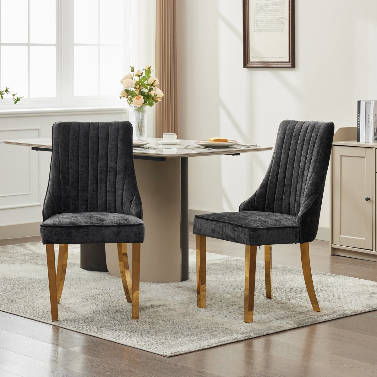 Merax Set van 2 Eetkamerstoelen - Chenille Stoffen Gestoffeerde Stoelen - Comfortabele Hoge Rugleuning - Zwarte Stoelen met Gouden Roestvrijstalen Poten - 65x50x95 cm