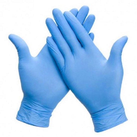 Twee blauwe nitril handschoenen, maat M, gekruist met de handpalmen naar elkaar.