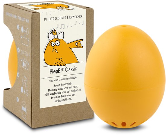 De gele 'PiepEi Classic' eierwekker naast de verpakking waarop een kippetje staat die muzieknoten dirigert. "DE UITGEKOOKTE EIJERWEKKER".