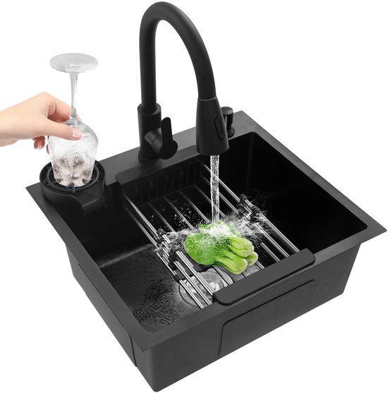 Foto: Cozyliving keuken spoelbak met uitrekbare kraan bekerspoeler en zeepdispenser gootsteen keuken met afdruip rvs zwart