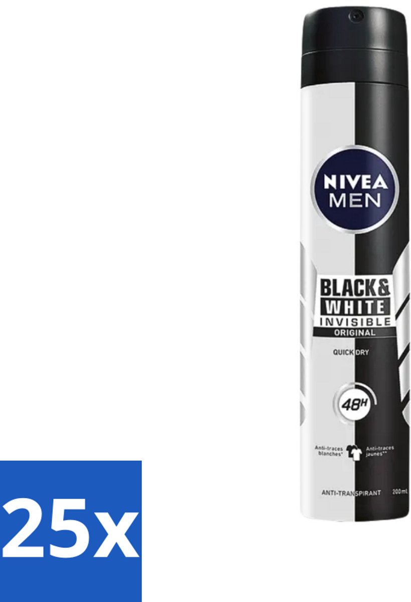 25 x Nivea - Men - Deodorant - Spray - Black & White Invisible Original - 150 ml - Deodorant Spray - Anti-transpirant - 48 Uur Bescherming - Anti-vlek - Zwart En Wit