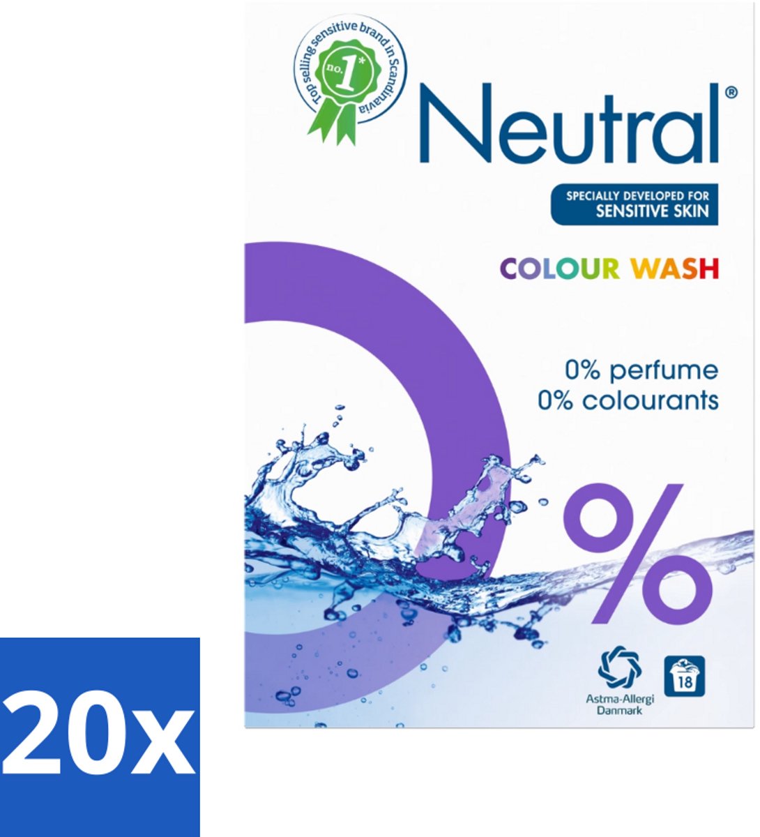 20 x Neutral Waspoeder Kleur 18 Wasbeurten 1,187 kg - Waspoeder - Waspoeder Kleur - Waspoeder Parfumvrij - Waspoeder Gevoelige Huid - Waspoeder 0% Parfum