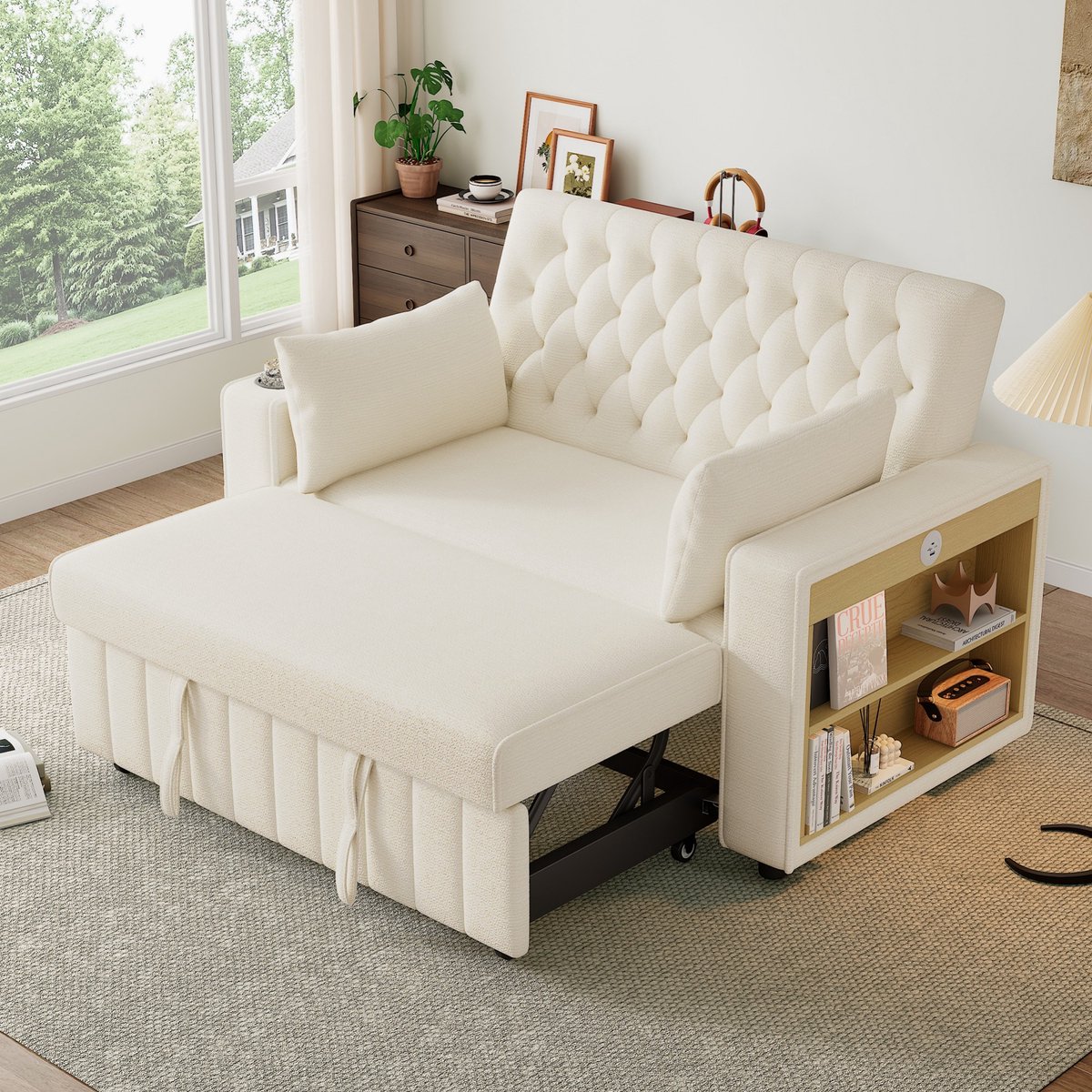 PHOEBE CAT Slaapbank - Uitklapbare bank - Opbergruimte - Bekerhouders - USB-oplaadpunt - Kussens - Beige