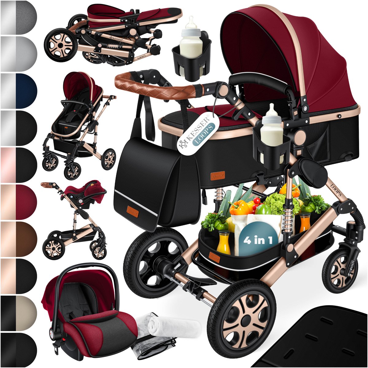 Bol.com KESSER® Kinderwagen 3 in 1 Loops Wandelwagen Set incl. Autostoel & Reiswieg & Buggy Sportzitje - Massieve Rubberbanden -... aanbieding