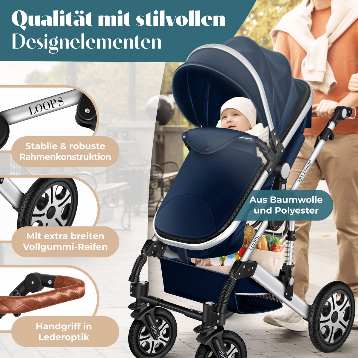 KESSER® 3 in 1 Kinderwagen Set met Autostoel en Reiswieg - Blauw/Zilver - afbeelding 3