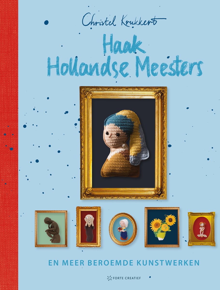 Boekomslag met gehaakte versies van bekende schilderijen, waaronder Meisje met de parel.