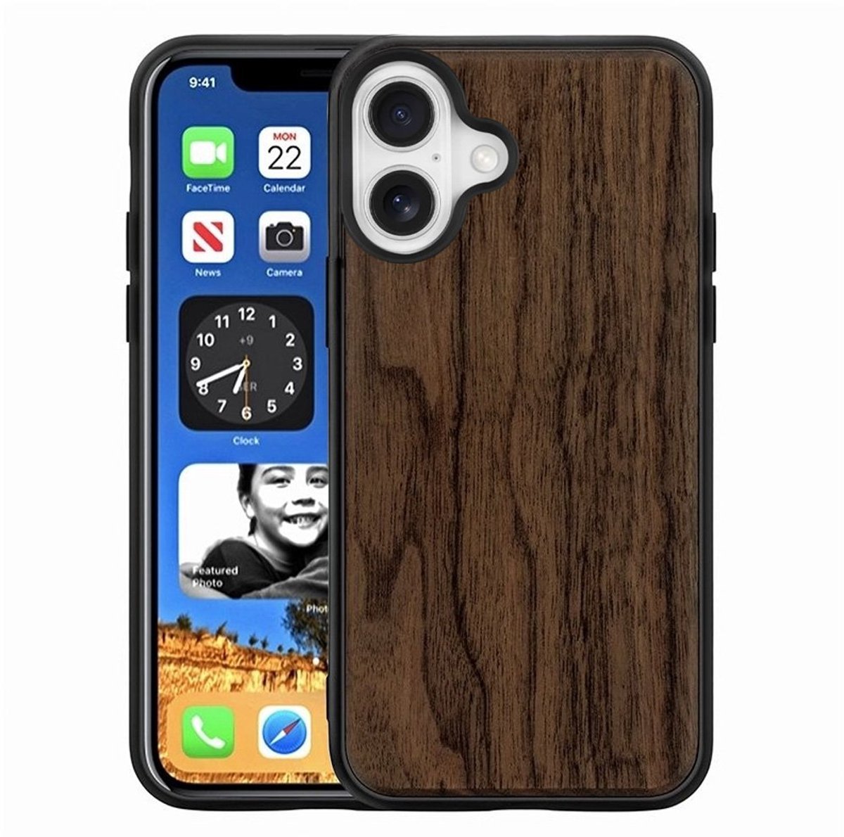 Mobiq houten hoesje geschikt voor iPhone 16 - Back cover hoesje gemaakt van echt hout walnoot