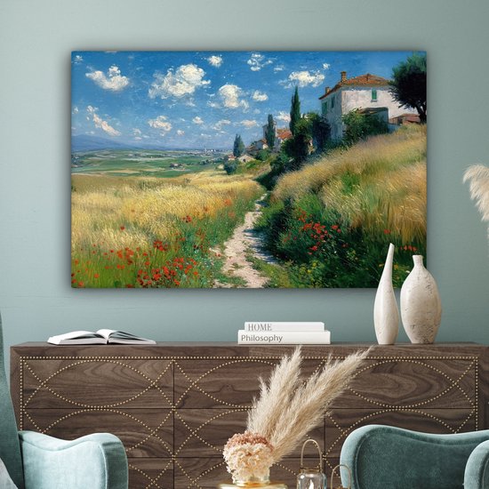 Tableau sur toile 120x80 cm - Décoration murale Chemin de sable - Maison - Arbres - Pelouse - Décoration murale salon - Décoration chambre - Accessoires chambre - Peintures sur toile