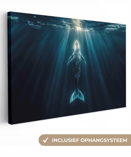 Tableau sur toile 120x80 cm - Décoration murale Baleine - Water - Rayons de soleil - Blauw - Décoration murale salon - Décoration chambre - Accessoires chambre - Peintures sur toile