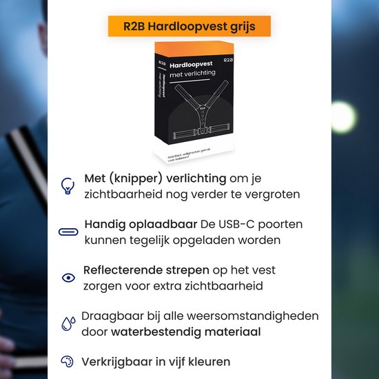 Productinformatie R2B hardloopvest grijs: knipperende verlichting, USB-C oplaadbaar, reflecterend, waterdicht.