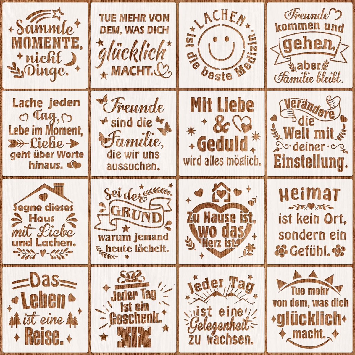 16 Motiverende Schildersjablonen 20x20 cm - Herbruikbaar voor Houtschilderen en Muurdecoratie