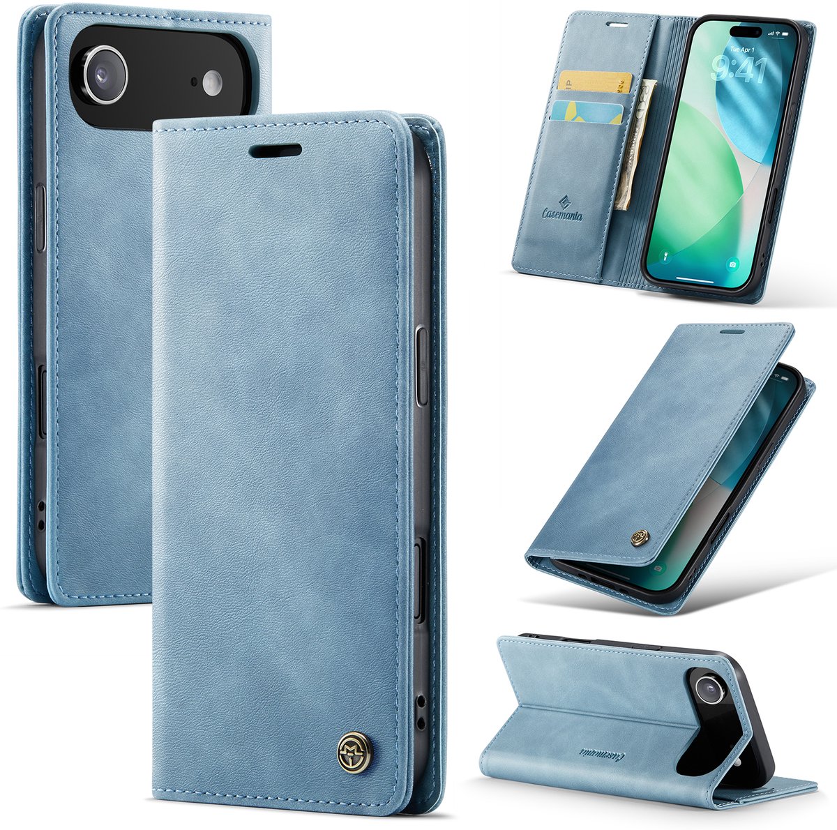 Casemania Hoesje Geschikt voor Apple iPhone 17 Air - Aqua Blue - Luxe Kunstleer Dunne Telefoonhoesje met Pasjeshouder en Standaardfunctie - Slim Wallet Case - Licht Blauw
