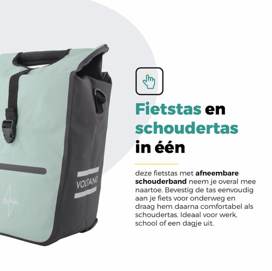 Voltano E-bike Shopper Enkele Fietstas - Mintgroen / Zwart - 27 Liter - 100% Waterdicht - Extra Schouderband van Voltano — afbeelding 4