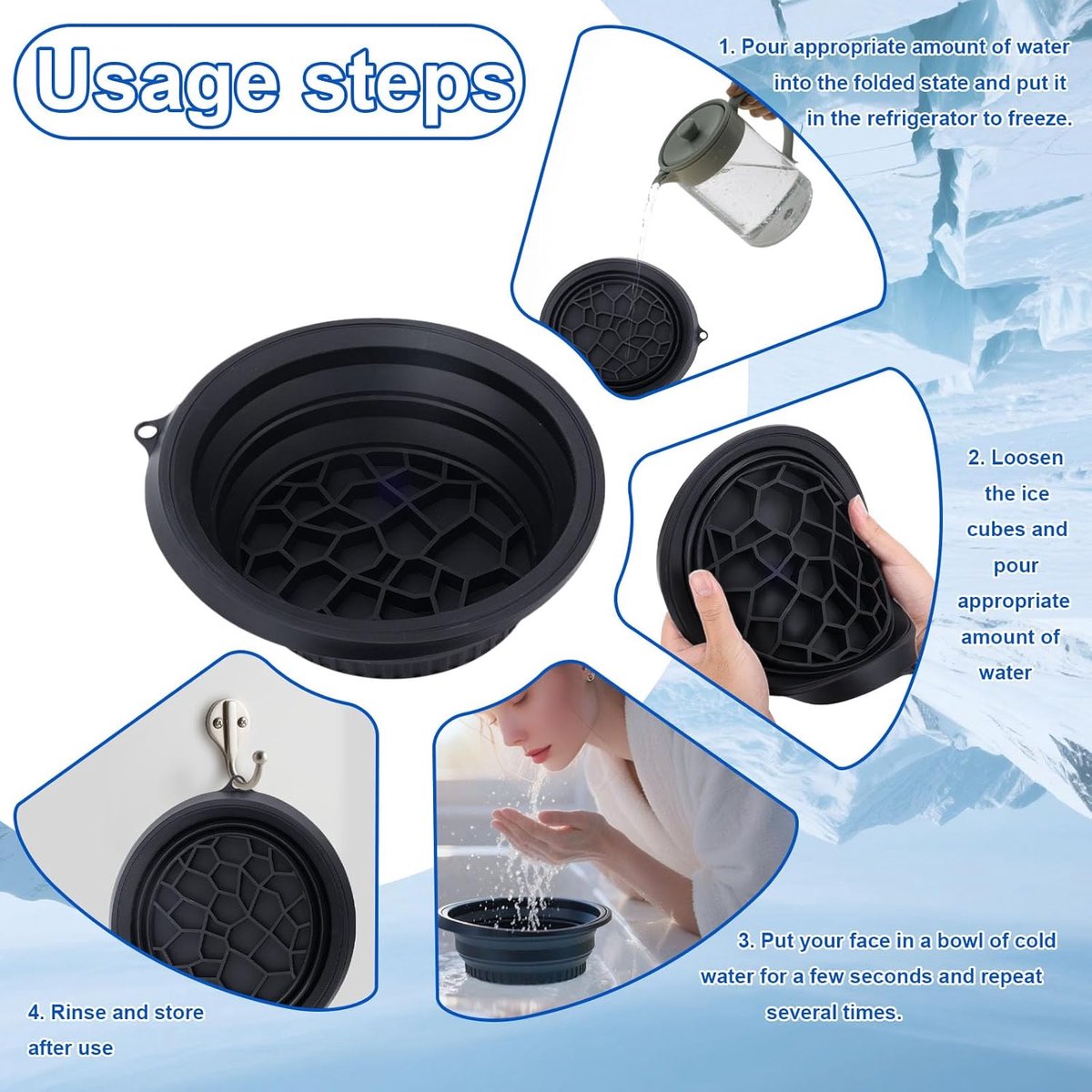 Face Ice Bath Bowl, siliconen, herbruikbaar, 24 x 9,06 inch, opvouwbaar, in kubusvorm, compact lichtgewicht design voor spa, gezicht, keuken, thuisgebruik