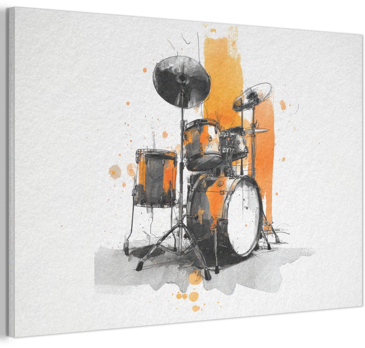 Akoestisch wandpaneel 90x60 cm - Vilt schilderij Drumstel - Oranje - Zwart - Aquarelverf - Akoestische panelen - Geluidsdempende wanddecoratie - Geluidsisolatie woonkamer - Muurdecoratie geluidspanelen