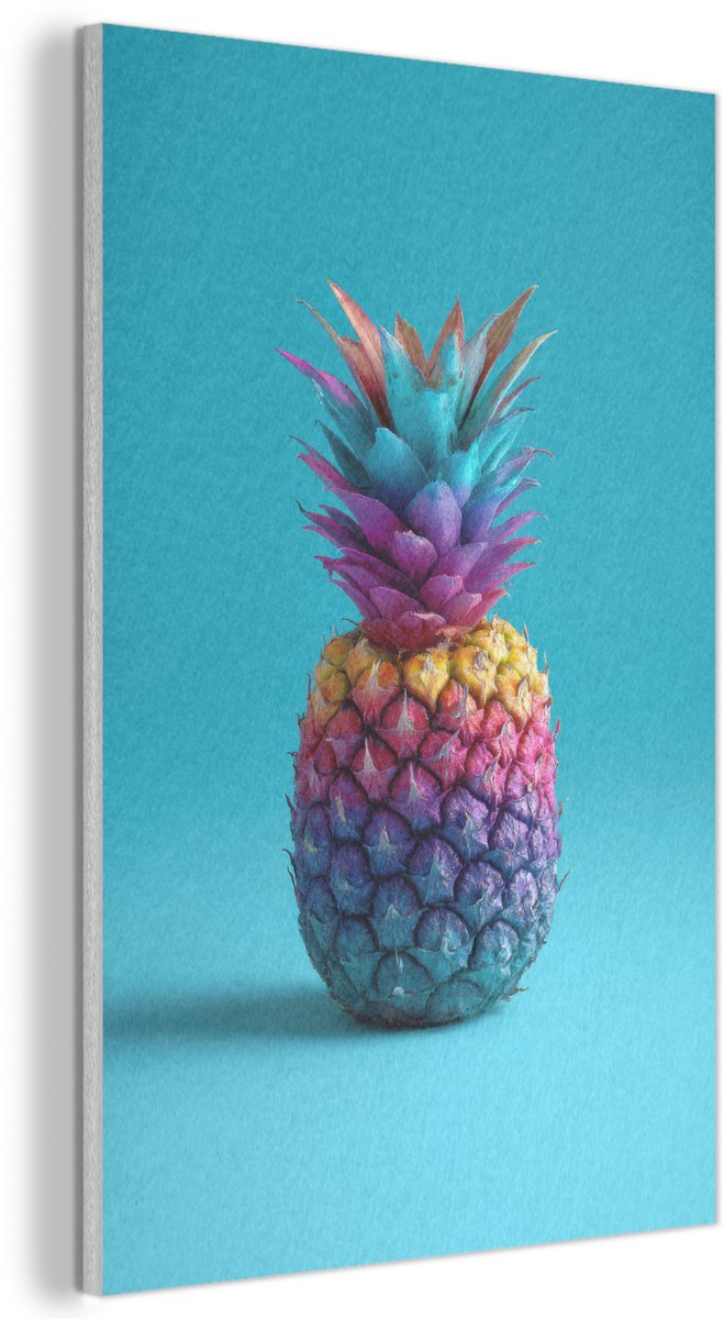 Akoestisch wandpaneel 60x90 cm - Vilt schilderij Ananas - Regenboog - Blauw - Popart - Akoestische panelen - Geluidsdempende wanddecoratie - Geluidsisolatie woonkamer - Muurdecoratie geluidspanelen