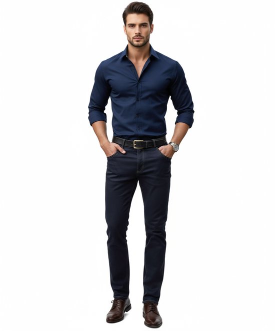 Getailleerd Overhemd Donker Blauw - Heren - Blouse - Slim Fit