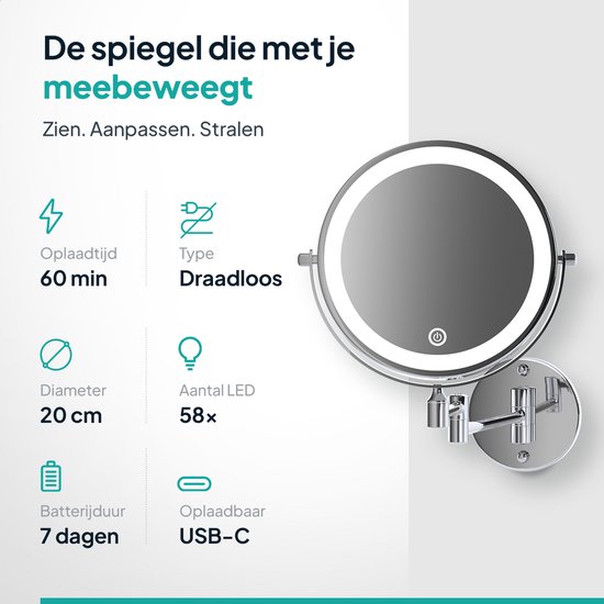 Specificaties van de Mirlux spiegel: 60 min oplaadtijd, draadloos, 20cm diameter, 58 LED, USB-C.