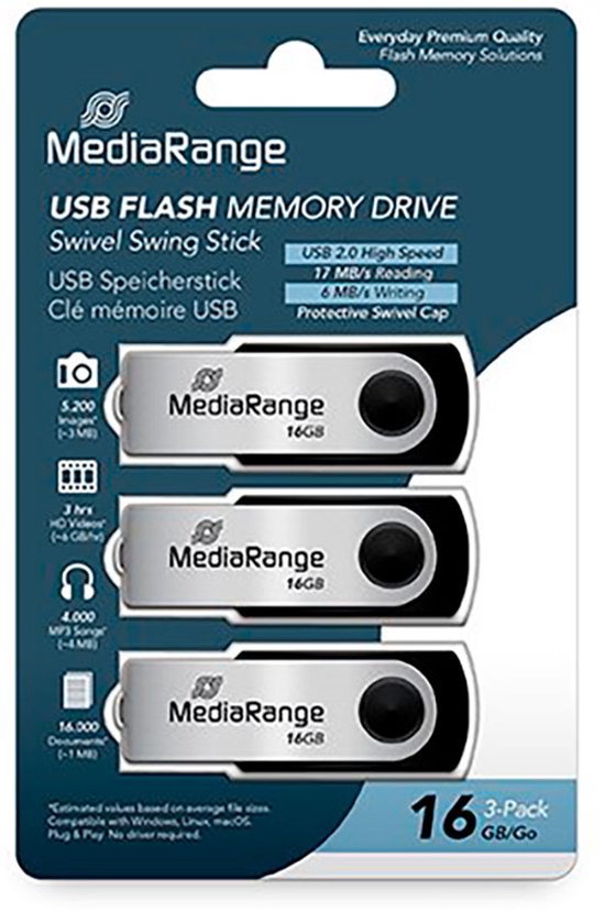 MediaRange MR910-3, 16 Go, USB Type-A, 2.0, 17 Mo/s, Pivotant, Noir, Argent