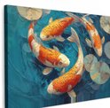 Drie kwart van een schilderij met oranje en witte karpers die in een cirkel zwemmen in blauw water met waterlelies. De zijkant van het canvas is zichtbaar.