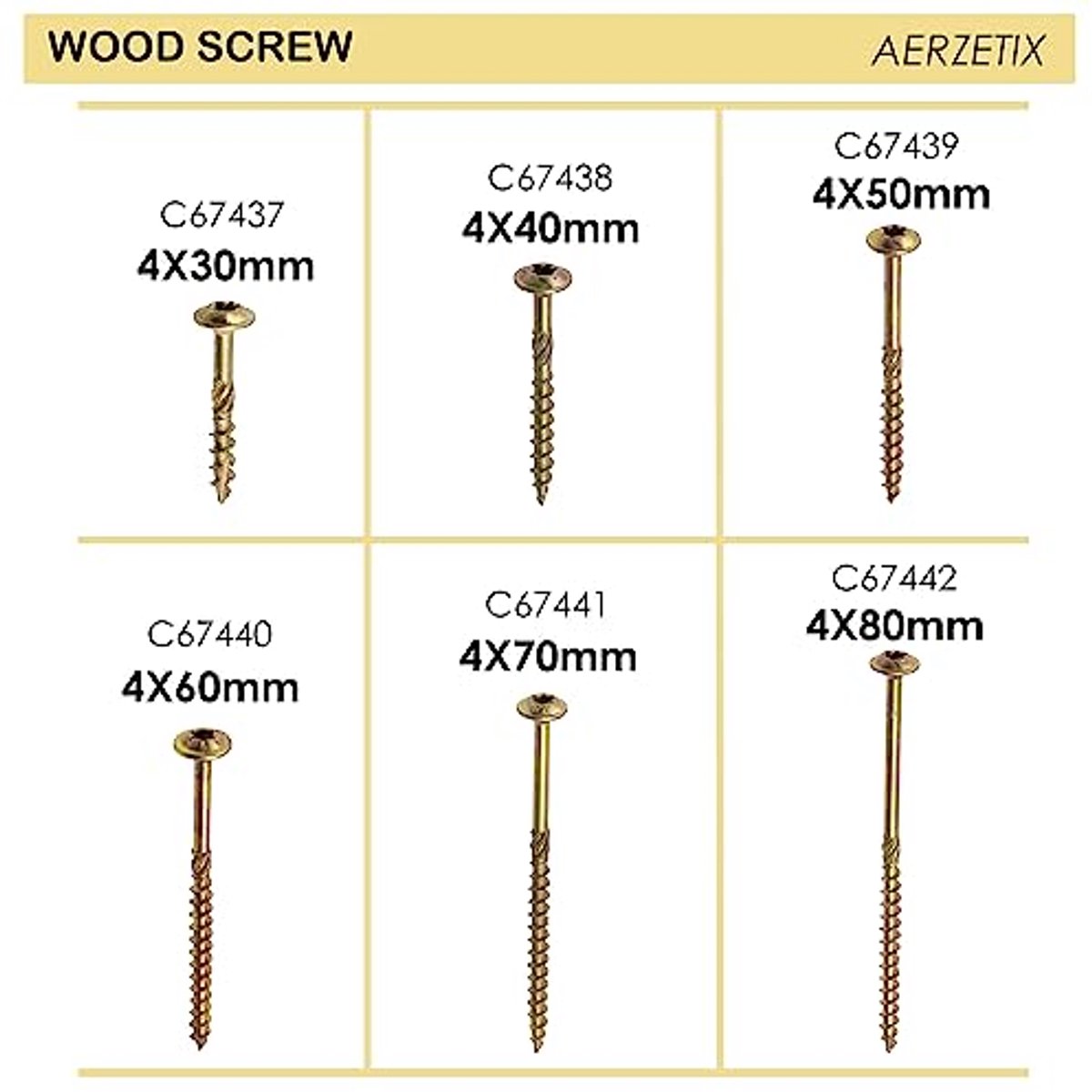 Aerzetix C67441 Houten Schroeven Set van 100 - Diameter 4 x 70 mm, Wijde Bolkoppeling, Gegalvaniseerd Staal