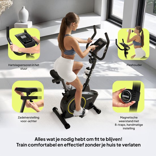 Overzicht van een zwarte hometrainer met gouden accenten, met callouts voor functies.