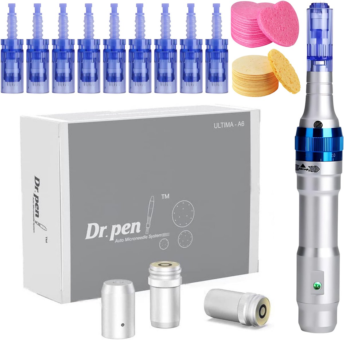Dr. Pen Ultima A6 Microneedling Pen – 9 Cartridges + 2 Gratis Gezichtsponsjes