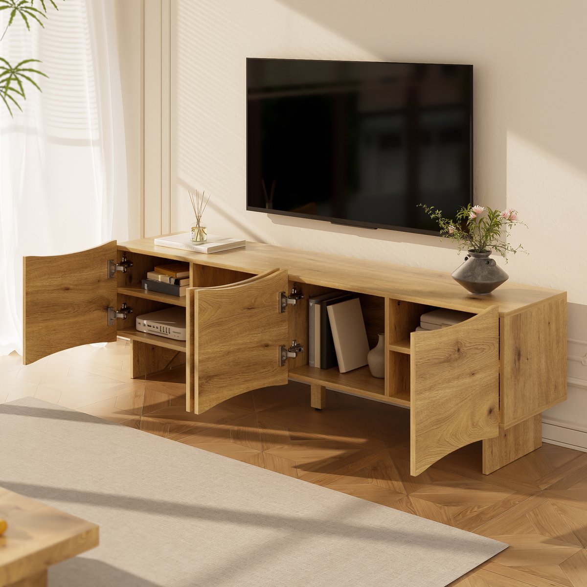 Moderne Tv-meubel 155x36x47cm - golfpatroon - met opbergruimte - vier deuren en een houtnerf kabeldoorvoer