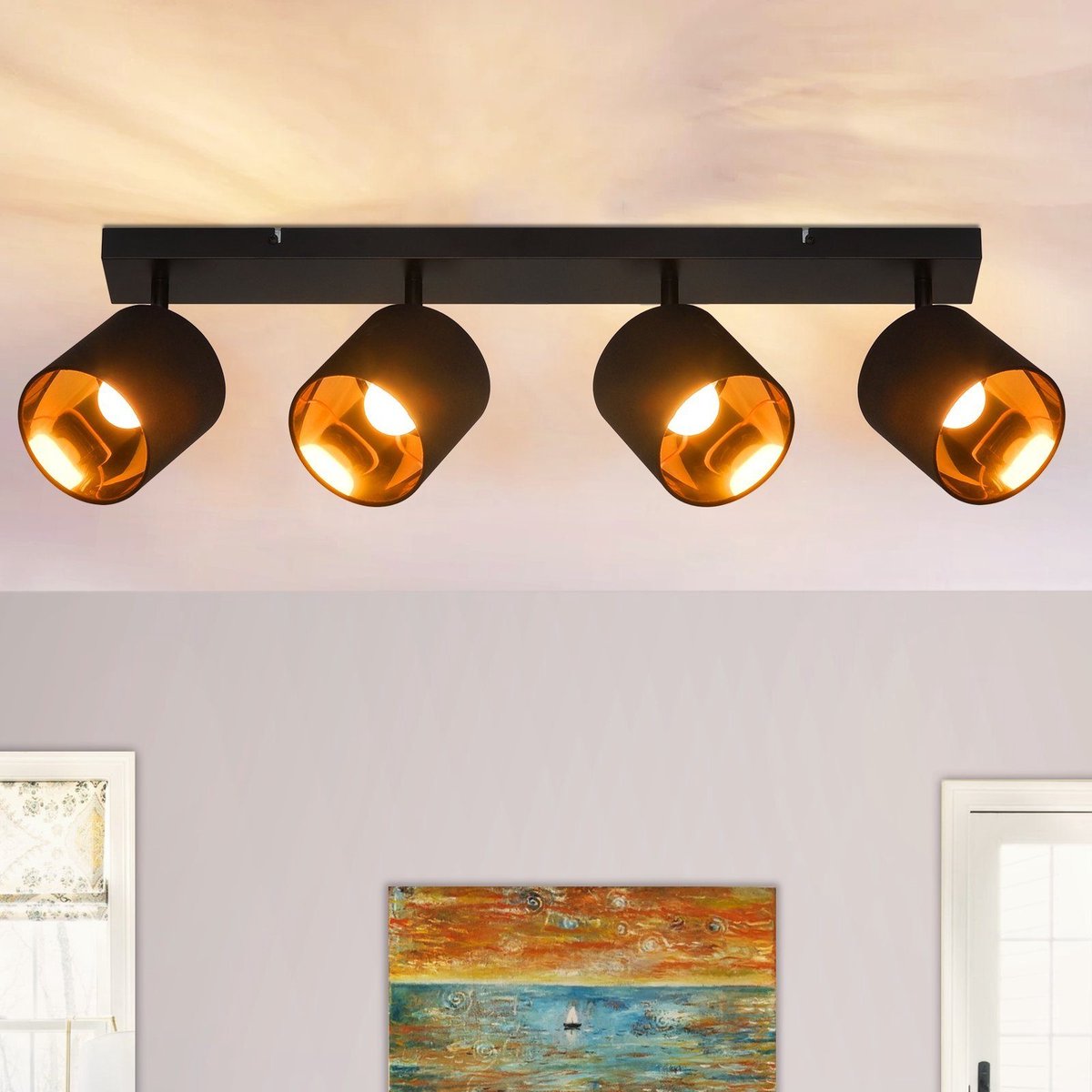 Glitzerlife - Plafondspot - 4-lichts E14 Fitting Zwart Vintage - 350° Draaibare Stoffen Kappen - max. 25W - Exclusief Lichtbron - voor Woonkamer Slaapkamer Hal